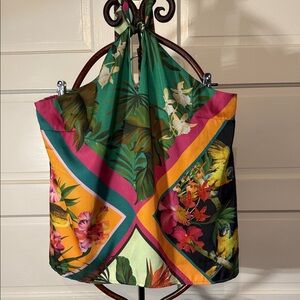 INC Tropical Halter Scarf top Print Parrot Floral Lined Tie Neck